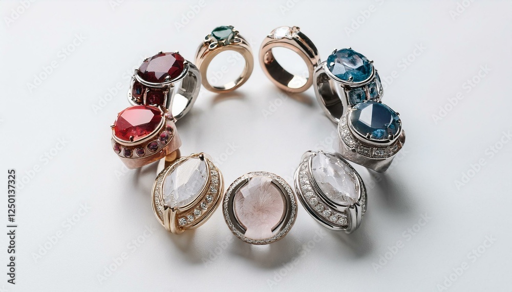 A circle of gemstone rings in various colors and settings. A circle of gemstone rings in various colors and settings.