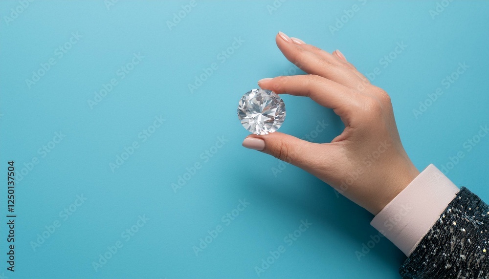 Woman's hand holding a large, sparkling diamond against a bright blue background. Woman's hand holding a large, sparkling diamond against a bright blue background.