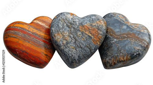 Three beautifully crafted heart-shaped stones in varying colors, showcasing the natural beauty of minerals in a unique and artistic way. photo