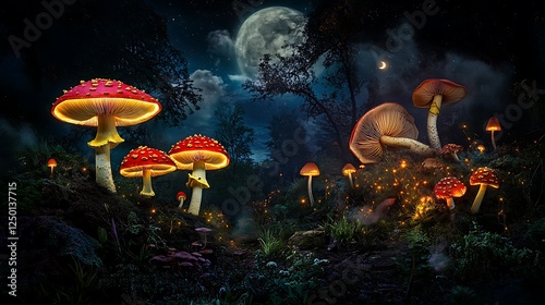 Enchanted Forest: Glowing Mushrooms Under a Midnight Moon AI Generated photo