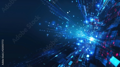 Digital data stream, futuristic tunnel, glowing particles, dark background, tech concept