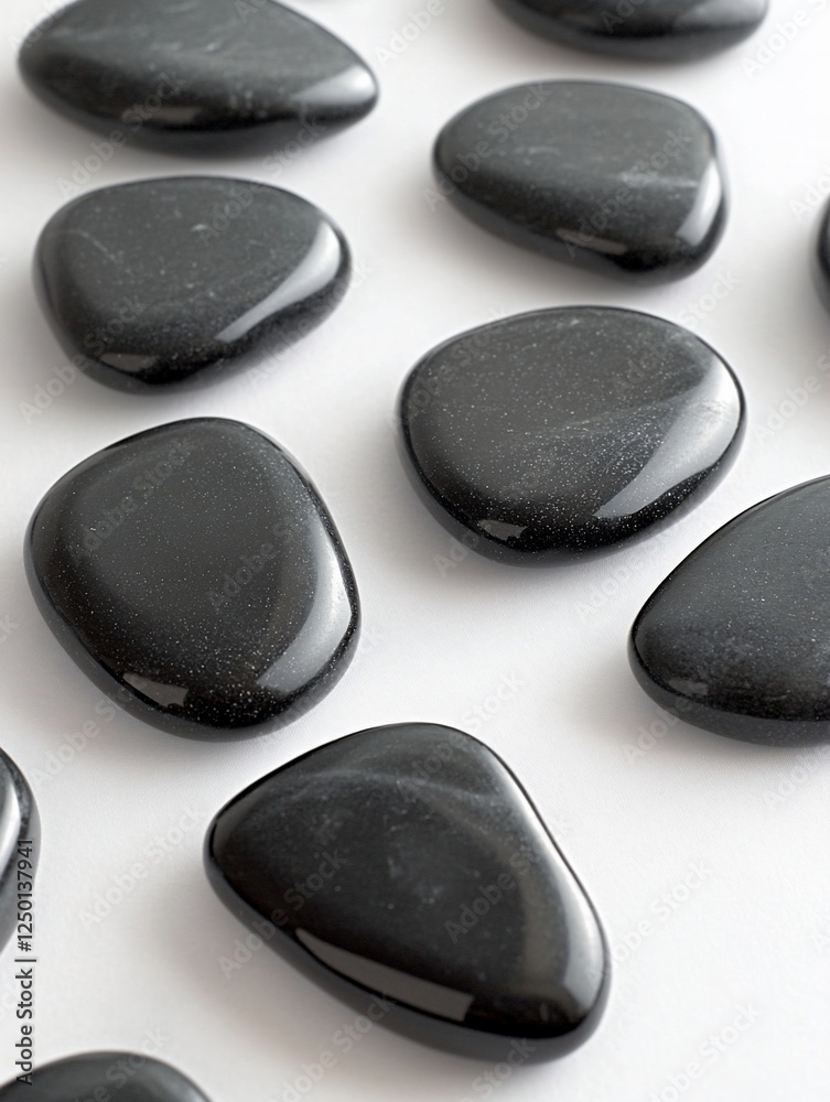 Polished black stones arranged on white background.