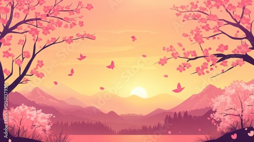 Sunset Cherry Blossom Background with Golden and Pink Hues, Silhouetted Blooming Trees, Warm and Nostalgic Atmosphere