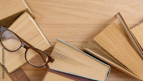 A pair of glasses rests on a stack of books, creating a studious and peaceful scene.