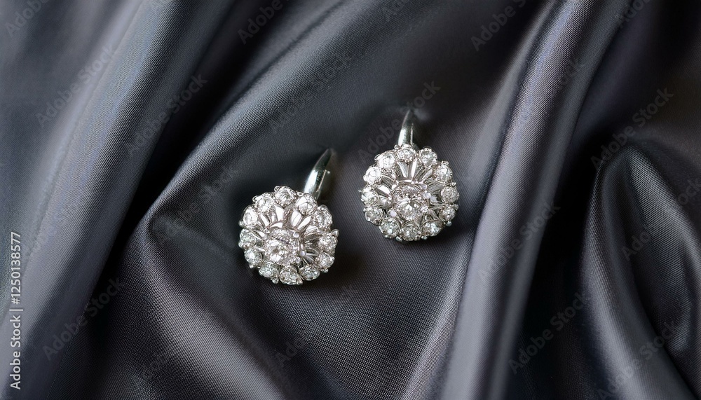 Elegant diamond earrings on dark gray satin. Elegant diamond earrings on dark gray satin.