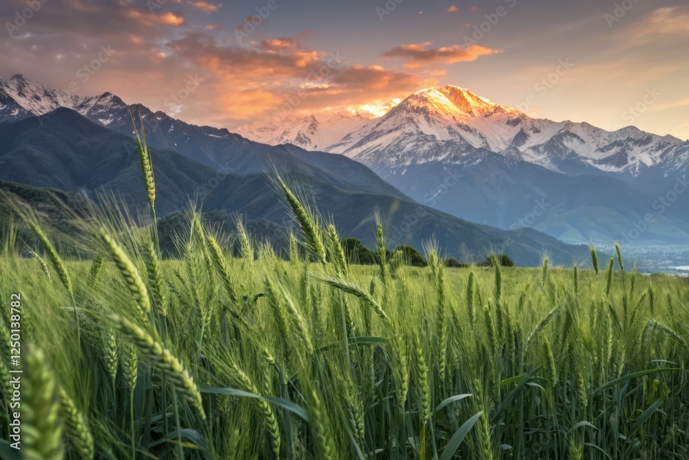 Obraz premium Double Exposure: Majestic Mountain Ranges Ascending Over Lush Wheat Fields - Surreal Nature Photography