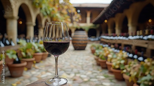 Red Wine Glass In A Stone Courtyard Wine Cellar