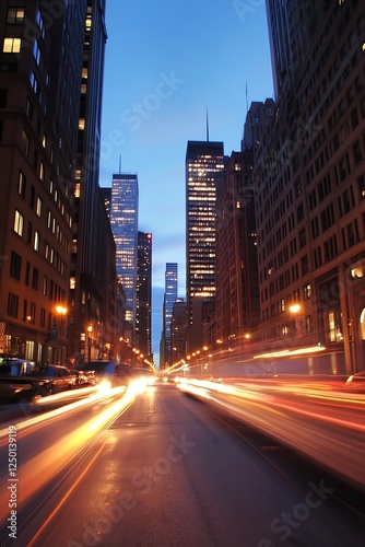 Stunning Urban Night Scene with Light Trails on a Busy City Street Illuminated by Skyscrapers : Generative AI