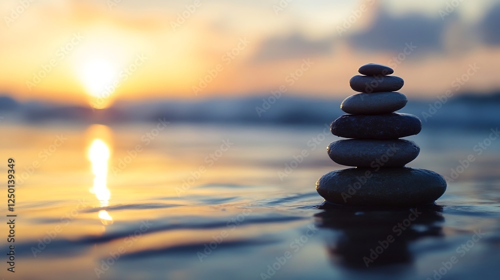 Tranquil Stacked Stones by the Shore at Sunset Symbolizing Balance and Peace : Generative AI Tranquil Stacked Stones by the Shore at Sunset Symbolizing Balance and Peace : Generative AI
