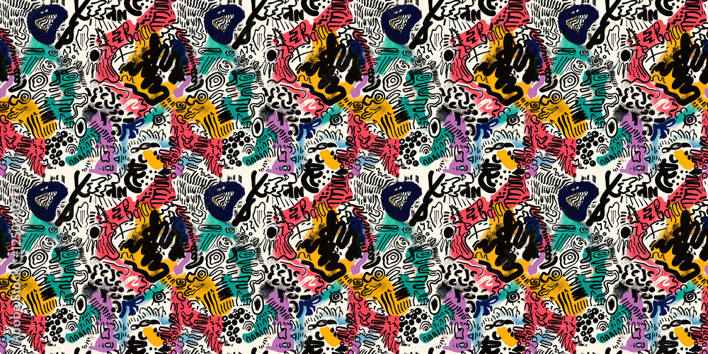 Fototapeta premium Cartoon hand-drawn doodles on the subject of summer holidays theme seamless pattern