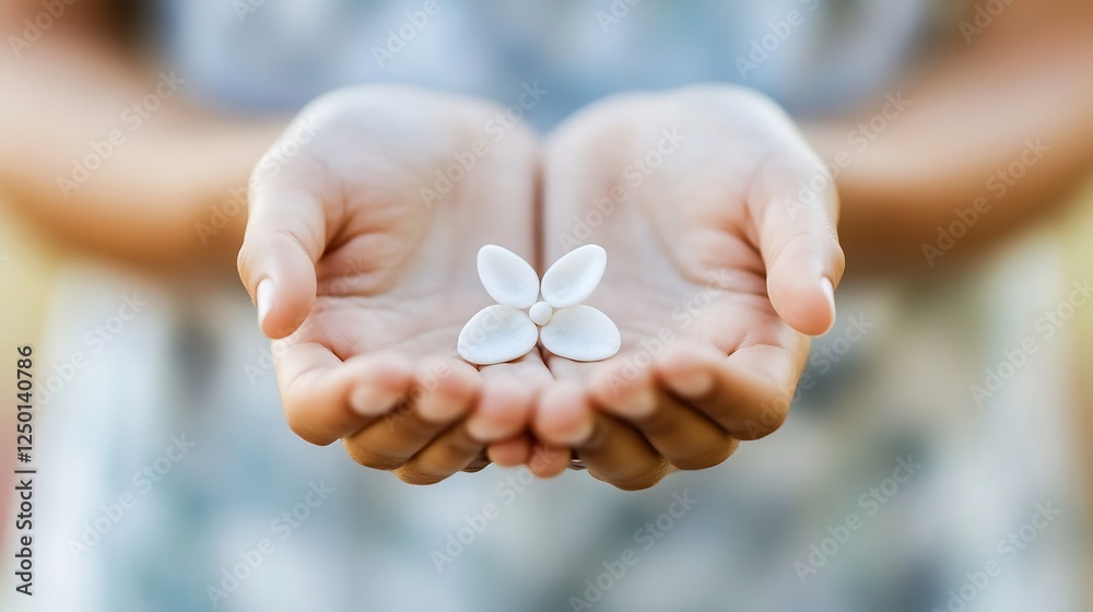 Delicate white flower held gently in two hands representing care and tenderness : Generative AI Delicate white flower held gently in two hands representing care and tenderness : Generative AI