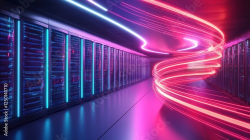 Server room with numerous servers and abstract neon data streams in a futuristic setting