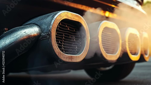 Glistening exhaust pipes emitting steam at sunset on a racing car in an urban setting