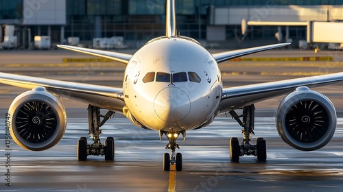 Modern airplane parked on tarmac ready for takeoff symbolizing travel and adventure : Generative AI photo