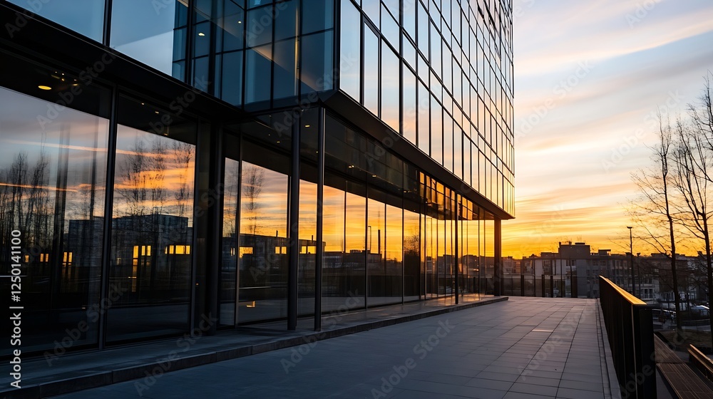 Obraz premium Beautiful modern glass building reflecting warm sunset sky creating stunning architectural view : Generative AI