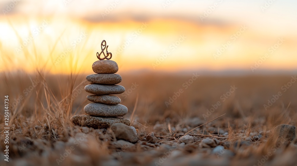 Obraz premium Zen stone stack symbolizing tranquility and balance against a warm sunset backdrop : Generative AI
