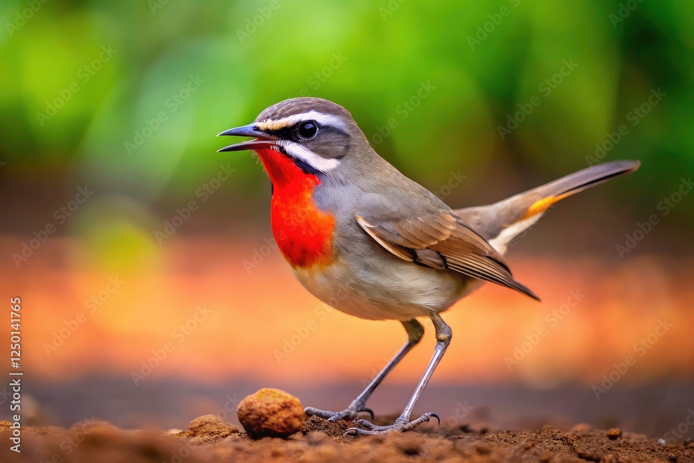 Fototapeta premium Tilt-shift miniature captures a happy grey Chinese Rubythroat; red chin, wagging tail, soil meal.