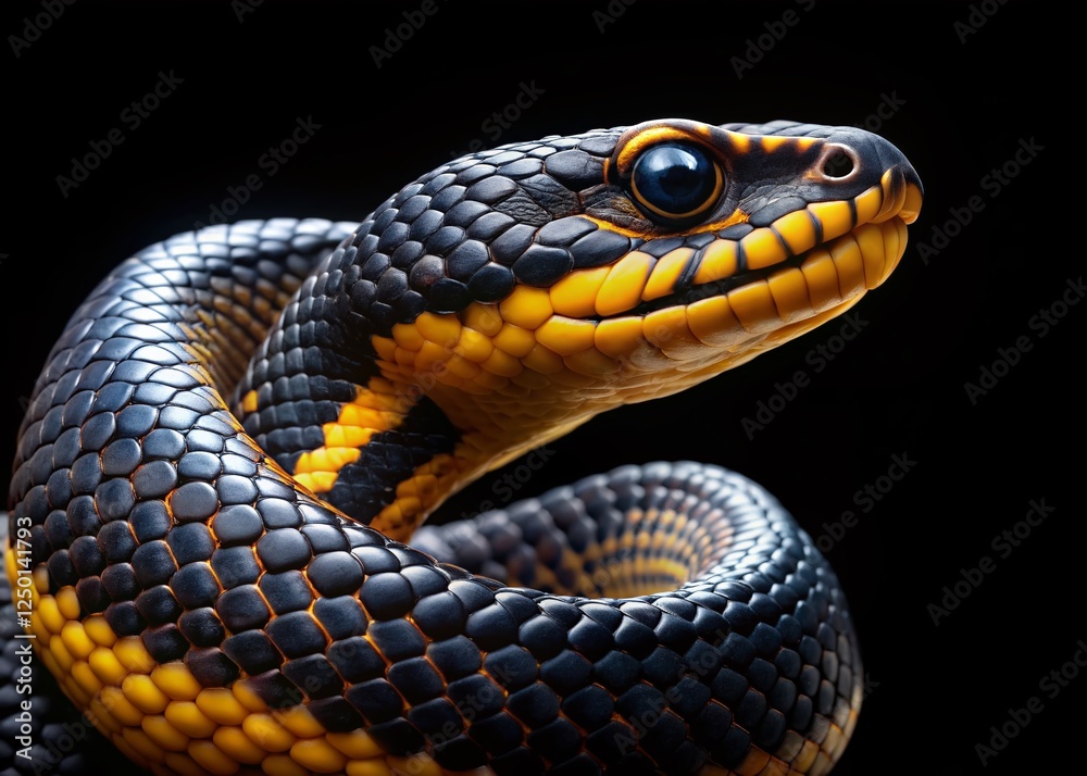 Fototapeta premium Black and Gold Snake Slithering on Black Background - Elegant Reptile Stock Photo