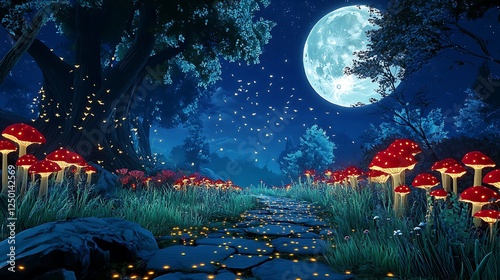 Enchanted Forest Path at Night: A 3D Render of Bio-Luminescent Mushrooms AI Generated