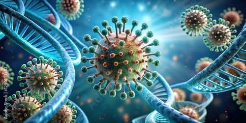 A close-up of a flu virus molecule, with its genetic material unwinding like a spiral staircase , disease, flu,  disease