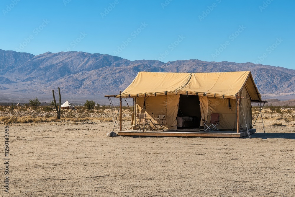 Tan canvas tent on wooden deck in desert. Perfect for illustrating glamping, adventure travel, or desert retreats. Tan canvas tent on wooden deck in desert. Perfect for illustrating glamping, adventure travel, or desert retreats.