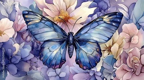 Blue Morpho Butterfly Amongst Pastel Flowers: A Digital Painting AI Generated