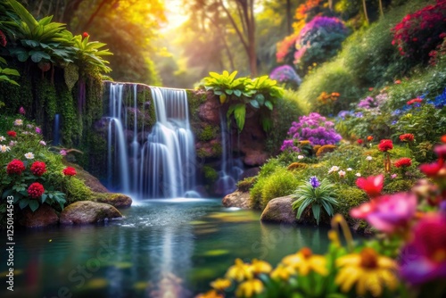 Tilt-shift photography reveals a whimsical, miniature waterfall scene; a lush jungle pond and fairy-tale flowers.