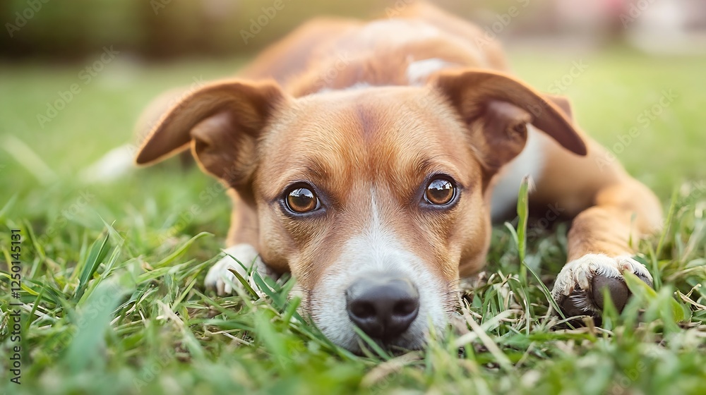 Adorable Dog Lying Relaxed on Green Grass with Expressive Eyes and Playful Stance in Summer Sun : Generative AI Adorable Dog Lying Relaxed on Green Grass with Expressive Eyes and Playful Stance in Summer Sun : Generative AI