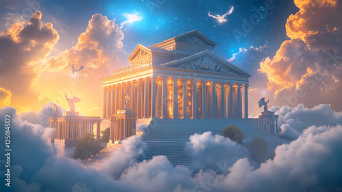 Majestic celestial palace perched atop misty mount olympus with grand columns floating gardens and ethereal beings gliding through luminous clouds. Celestial Gardens. Illustration