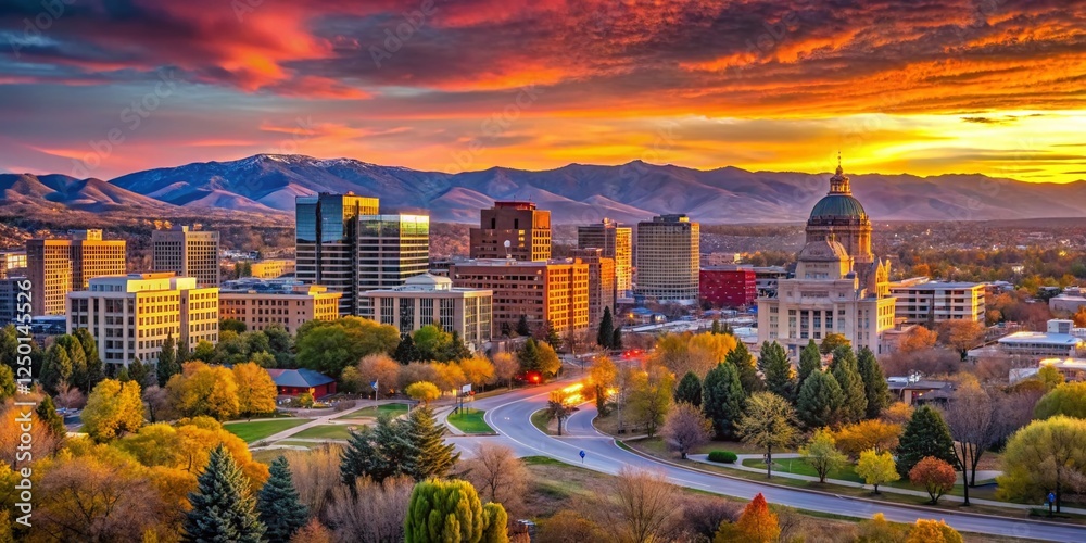 Fototapeta premium Boise Idaho Skyline Panoramic View at Sunset, High-Resolution Stock Photo