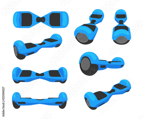 Set of hoverboard collection, autonomous scooter transport on two motorized wheels connected by a pair of articulated support, Scooter, Skateboard, Roller skate icon or logo set various views