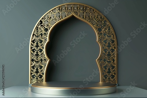 luxury gold and dark green Islamic podium display decoration background with ramadan kareem, iftar, eid al fitr adha, muharram, isra miraj, 3D illustration.