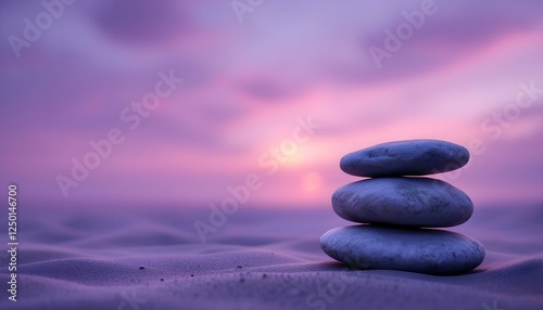 zen, stones, tall, stack, uneven, rugged, surfaces, smooth, sandy, surface, twilight, sky, purple, orange, hues, setting, sun, shadows, subtle, illuminated, photorealistic, detail, serene, tranquil, 