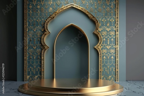 luxury gold and dark green Islamic podium display decoration background with ramadan kareem, iftar, eid al fitr adha, muharram, isra miraj, 3D illustration.