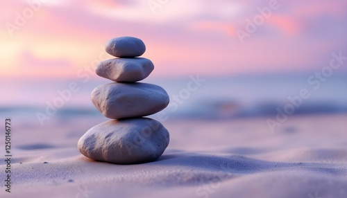 zen, stones, tall, stack, uneven, rugged, surfaces, smooth, sandy, surface, twilight, sky, purple, orange, hues, setting, sun, shadows, subtle, illuminated, photorealistic, detail, serene, tranquil, 