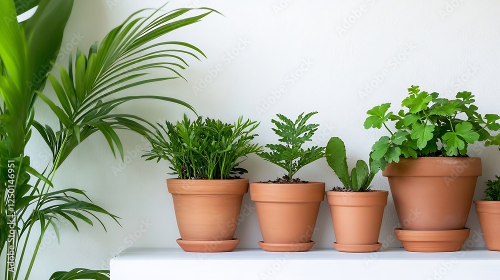 Collection of Potted Plants on White Shelf Bringing Vibrant Greenery Indoors : Generative AI Collection of Potted Plants on White Shelf Bringing Vibrant Greenery Indoors : Generative AI