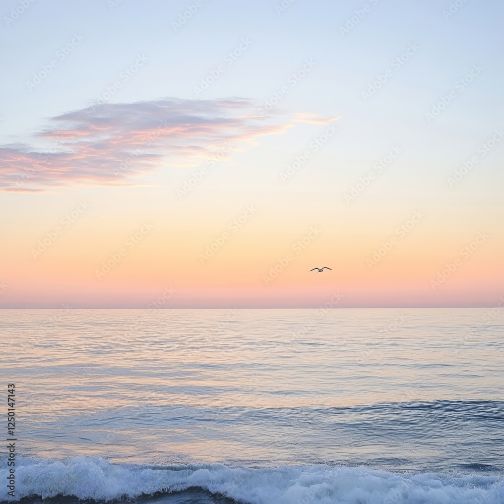 Serene Sunset Ocean with Single Bird in Flight Serene Sunset Ocean with Single Bird in Flight