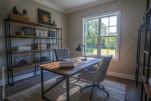 Sunlit home office with wooden desk, shelving, and comfortable chairs, overlooking a green landscape through a large window. photo