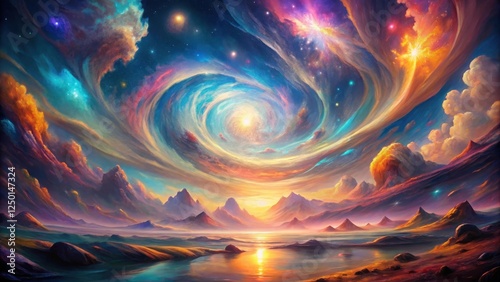 A dreamlike scene with vibrant colors and swirling shapes in a surreal landscape