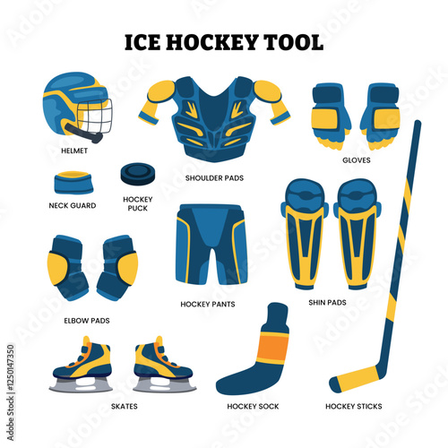 Set of ice hockey tools collection cartoon with helmet, shoulder pads, gloves, neck guard, hockey puck, pants, shin pads, stick, elbow pad, skates and socks, winter sport equipment illustration.