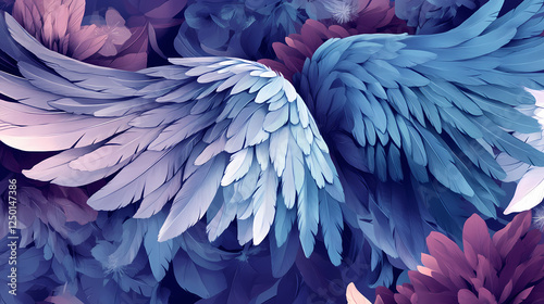 Pegasus wing-shaped petals in celestial gardens, continuous design. Celestial Gardens. Illustration