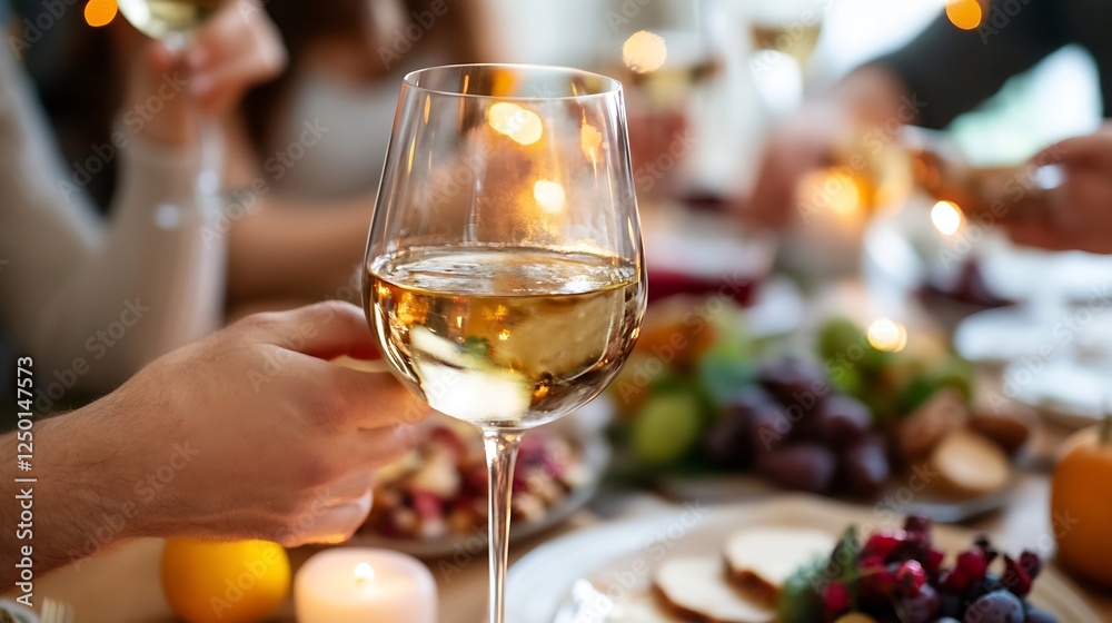 Obraz premium Elegant Glass of White Wine at a Festive Gathering with Delicious Food : Generative AI