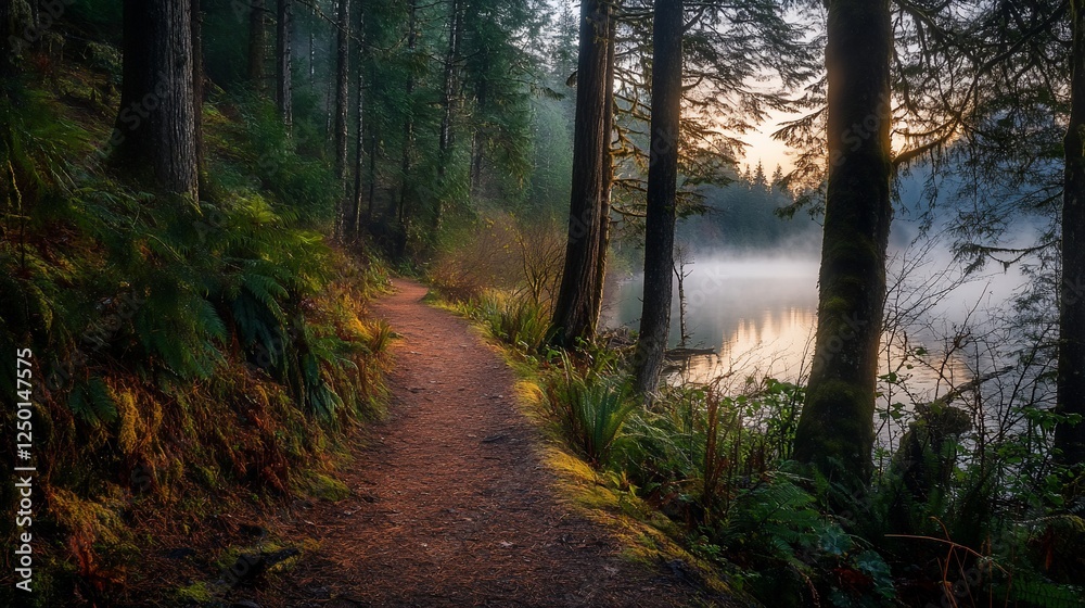 Obraz premium Misty sunrise path along a tranquil lake in a lush forest.