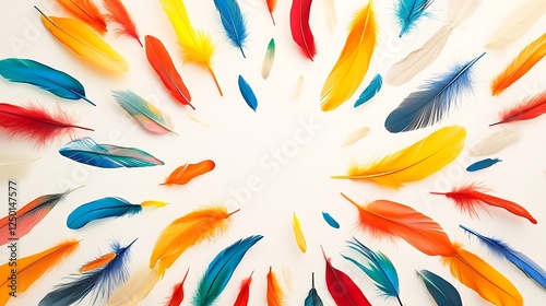 Vibrant Bird Feathers Arranged in a Circular Burst on White Background AI Generated