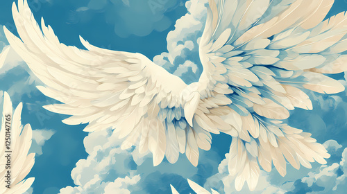 Pegasus wing-shaped petals in celestial gardens, continuous design. Celestial Gardens. Illustration