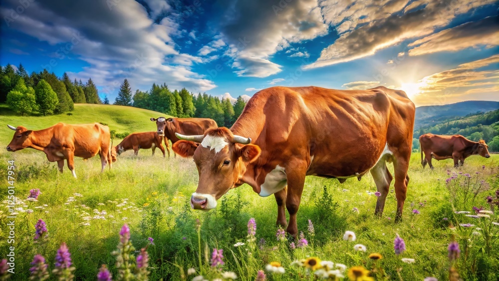Brown Cows Grazing Summer Pasture Field Idyllic Rural Scene Brown Cows Grazing Summer Pasture Field Idyllic Rural Scene
