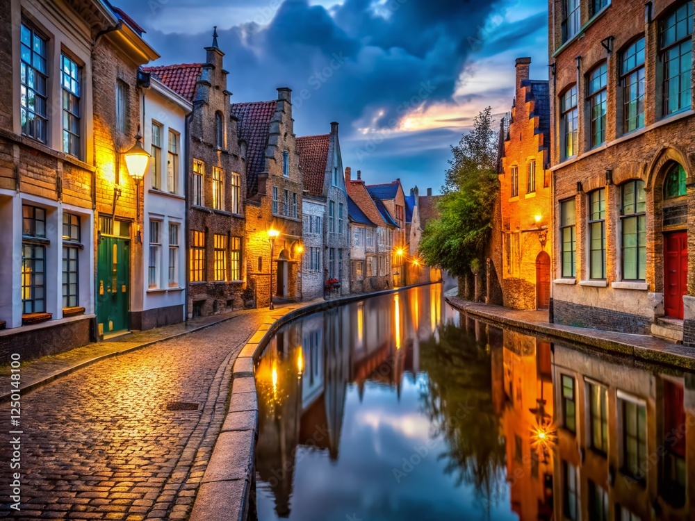 Fototapeta premium Bruges Belgium Night Street Photography - Cobblestone Streets & Canals in Low Light