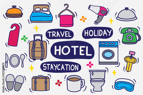 set of hotel doodle with color good for background, element design, icon, sticker, etc