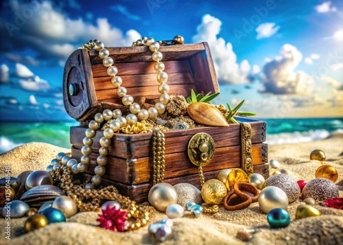 Tilt-shift reveals tiny pirate loot â€“ seashells, antique watches, glittering jewelry â€“ nestled in beach sand. photo