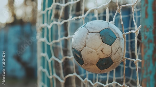 Worn Soccer Ball in Net, Goal, Sports, Game.